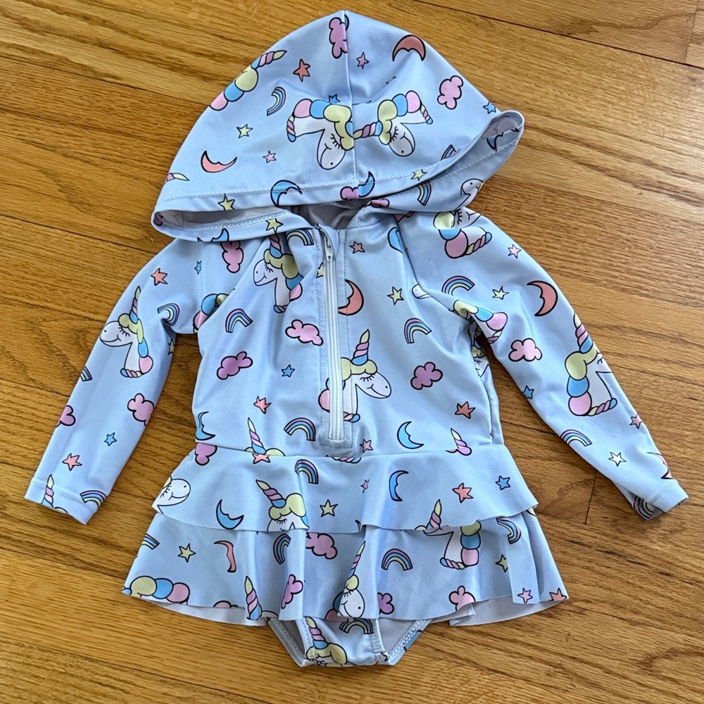 SHEIN Unicorn One Piece Swimsuit Rash Guard Girls 9-12M Hooded Long Sleeve